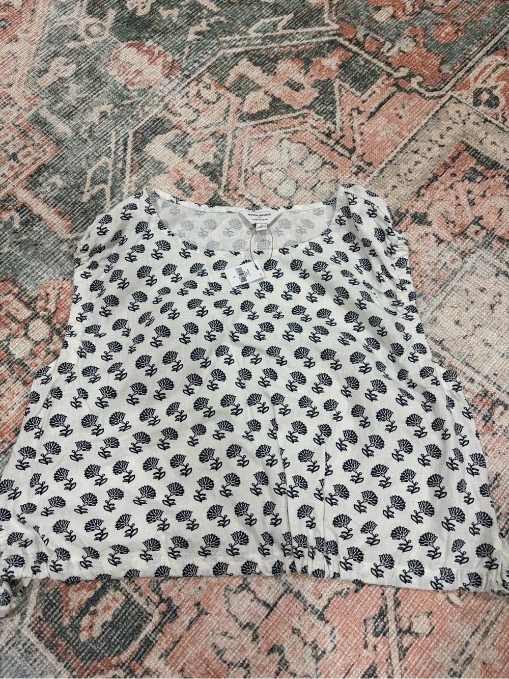 Banana Republic White Sleeveless Tank with Navy Floral Motif